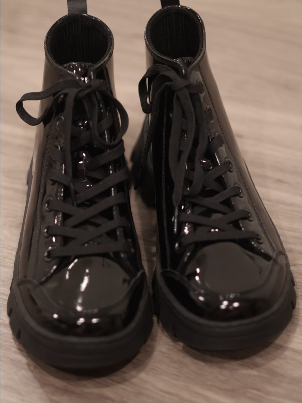 Skechers Roadies Surge Avenue Black Patent Leather Sneaker Boots